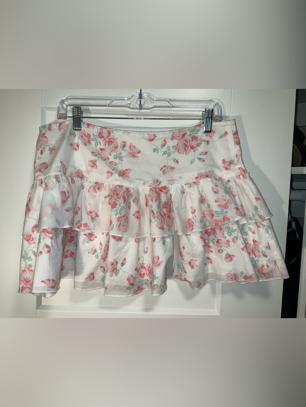 Aeropostale White Mini Skirt with Pink Floral Ruffles